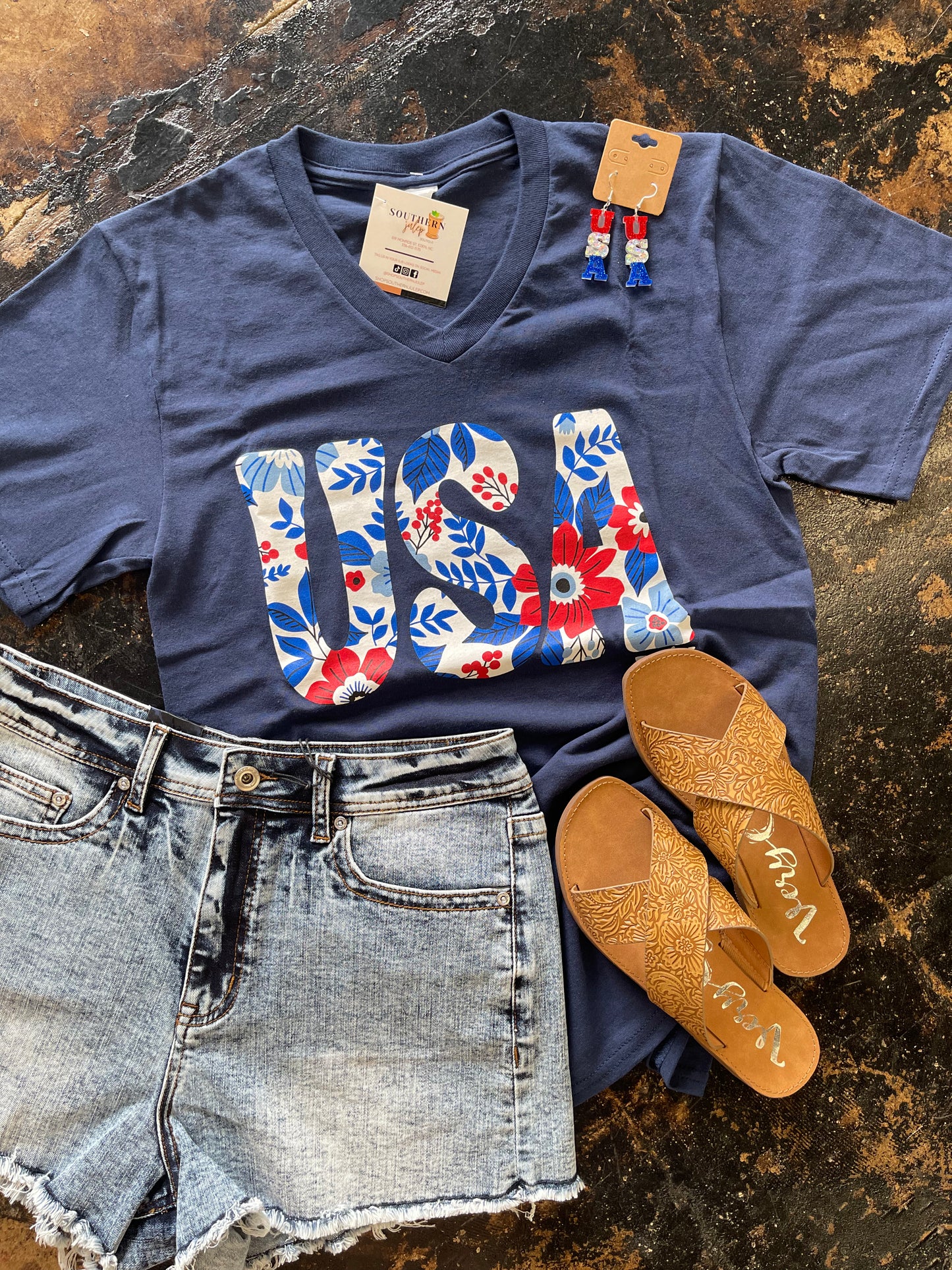The USA Floral V-Neck Tee