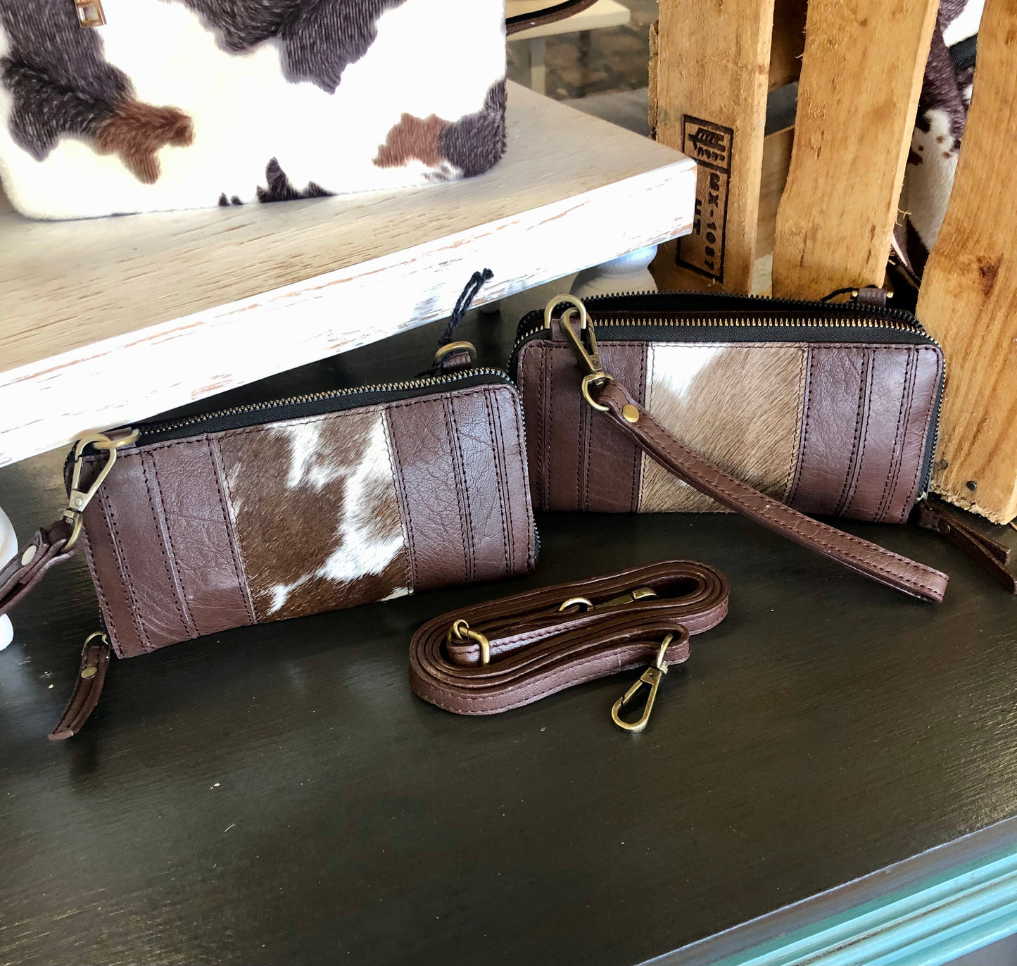 The Milly Genuine Leather & Cowhide Crossbody Wristlet Wallet - Chocolate