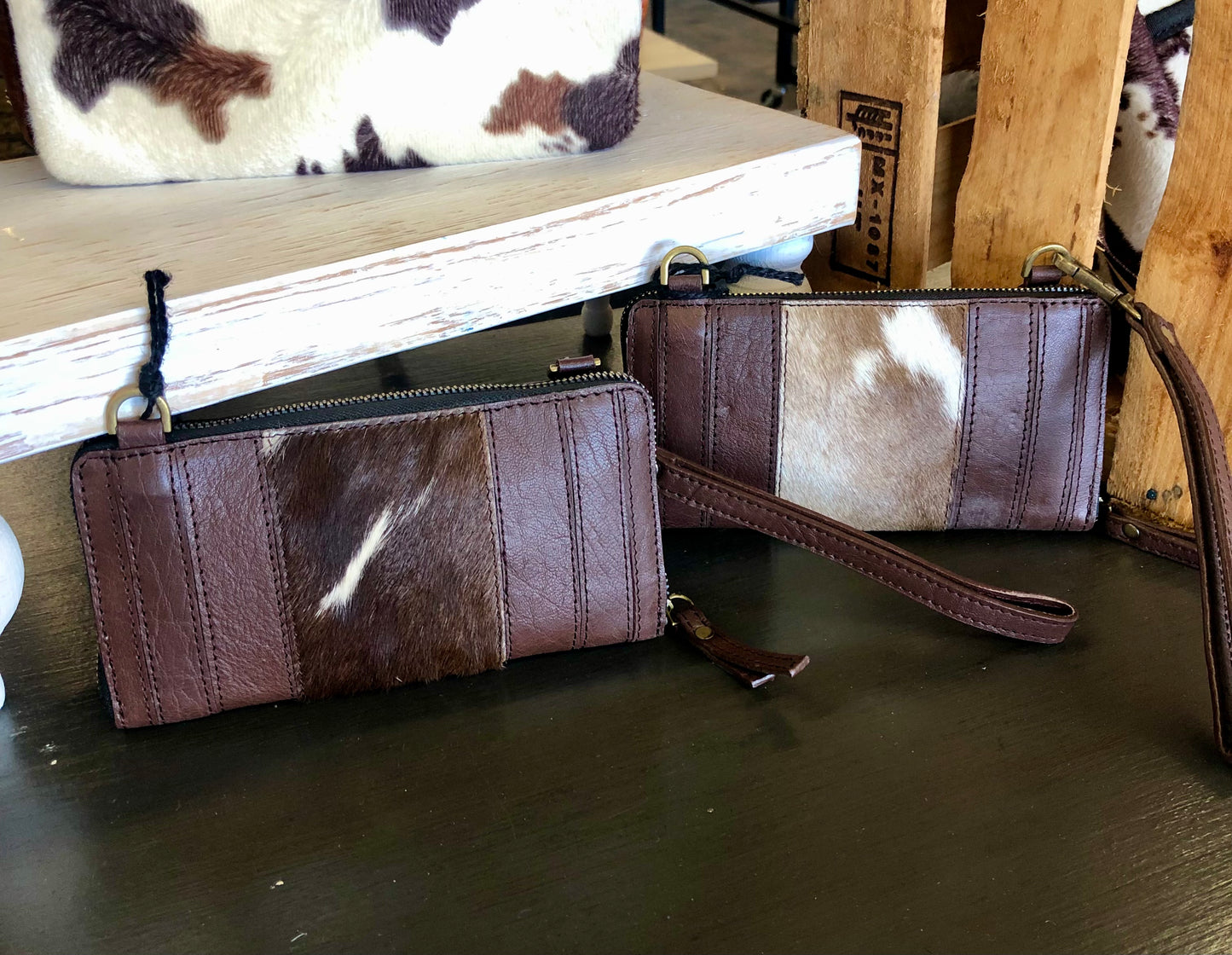 The Milly Genuine Leather & Cowhide Crossbody Wristlet Wallet - Chocolate