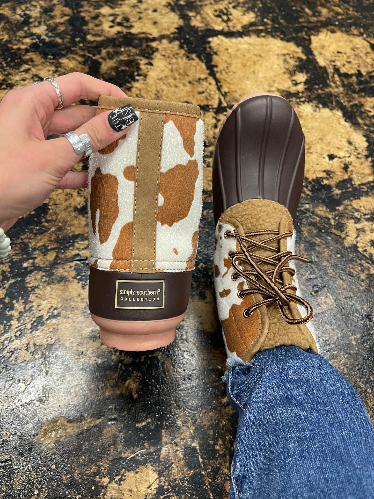 FINAL SALE - Simply Southern - Lace Up Duck Boots - Cow Print