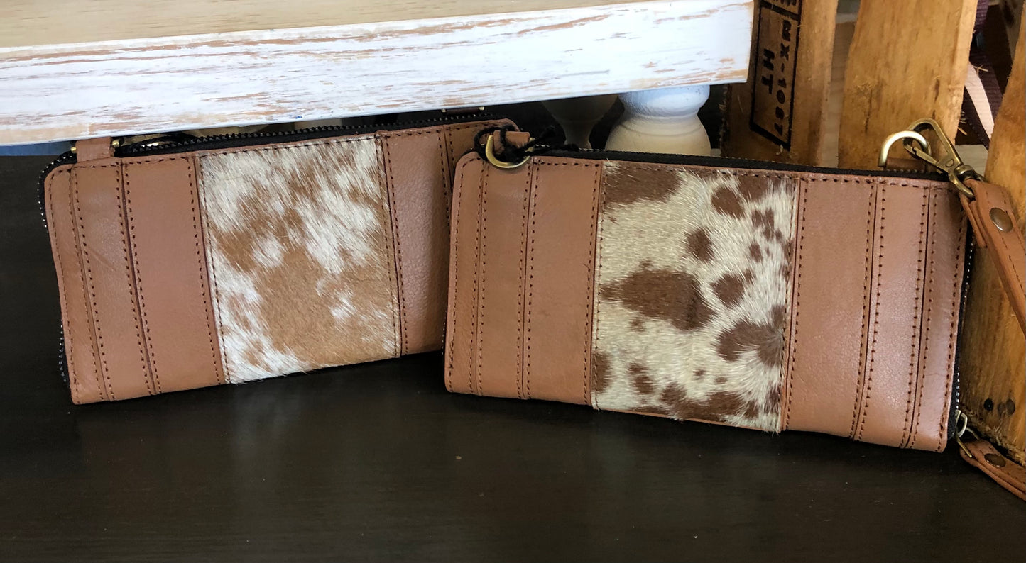 The Milly Genuine Leather & Cowhide Crossbody Wristlet Wallet - Coffee