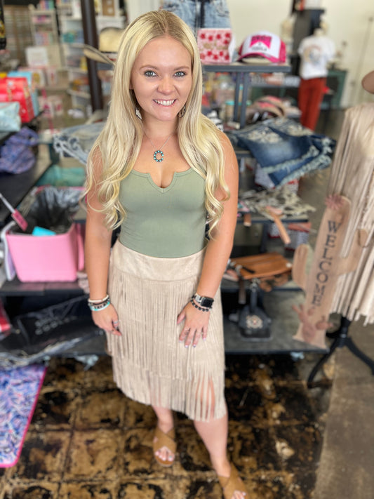 FINAL SALE - The Nashville Nights Taupe Suede Fringe Skirt