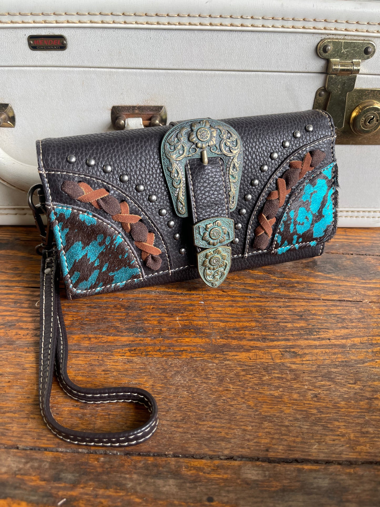 Trinity Ranch Hair-On Cowhide Buckle Collection Wristlet Wallet - Coffee