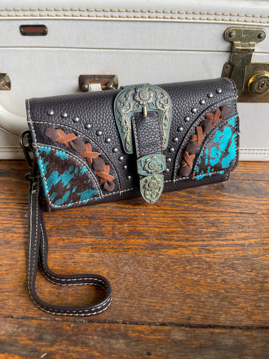 Trinity Ranch Hair-On Cowhide Buckle Collection Wristlet Wallet - Coffee