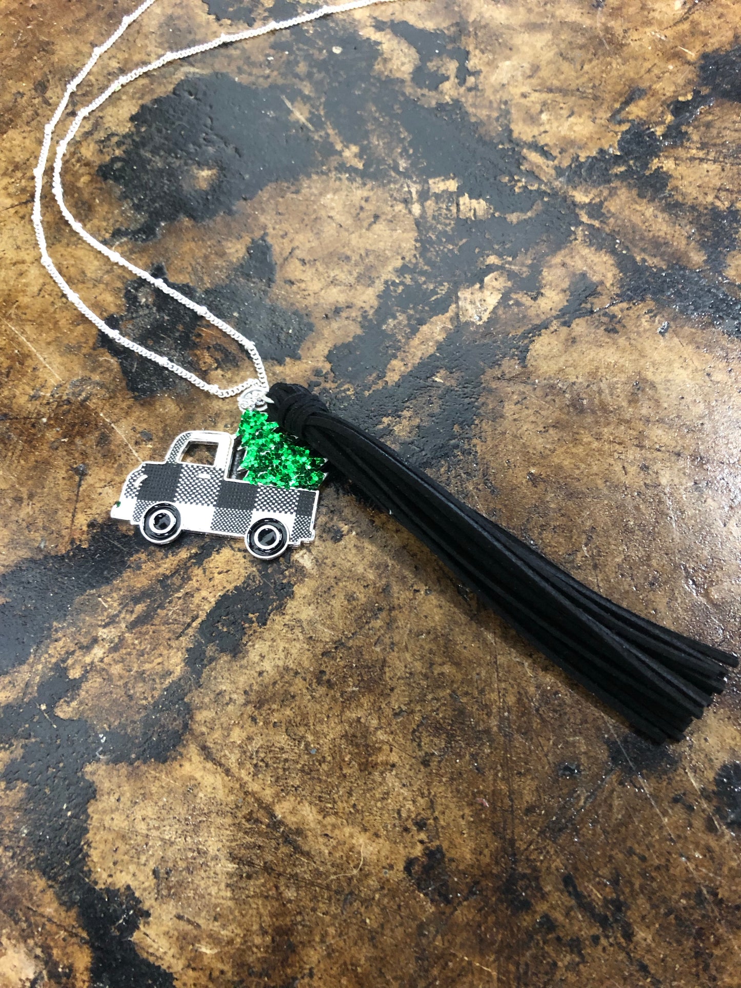 27" Christmas Tree Truck Tassel Necklace - Black White Plaid