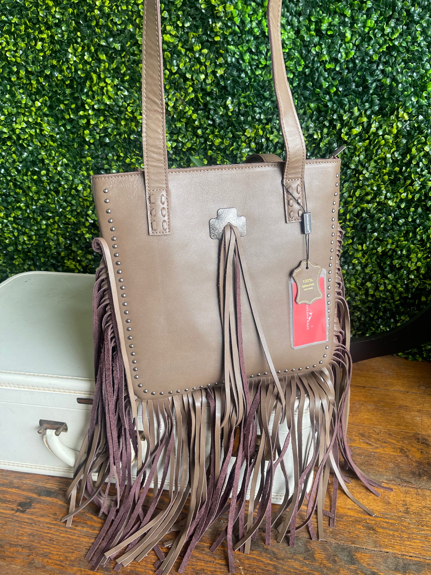 Montana West Ansley Genuine Leather Fringe Tote - Khaki