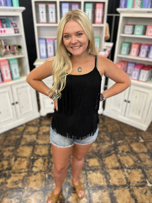 FINAL SALE - Black Suede Fringed Camisole