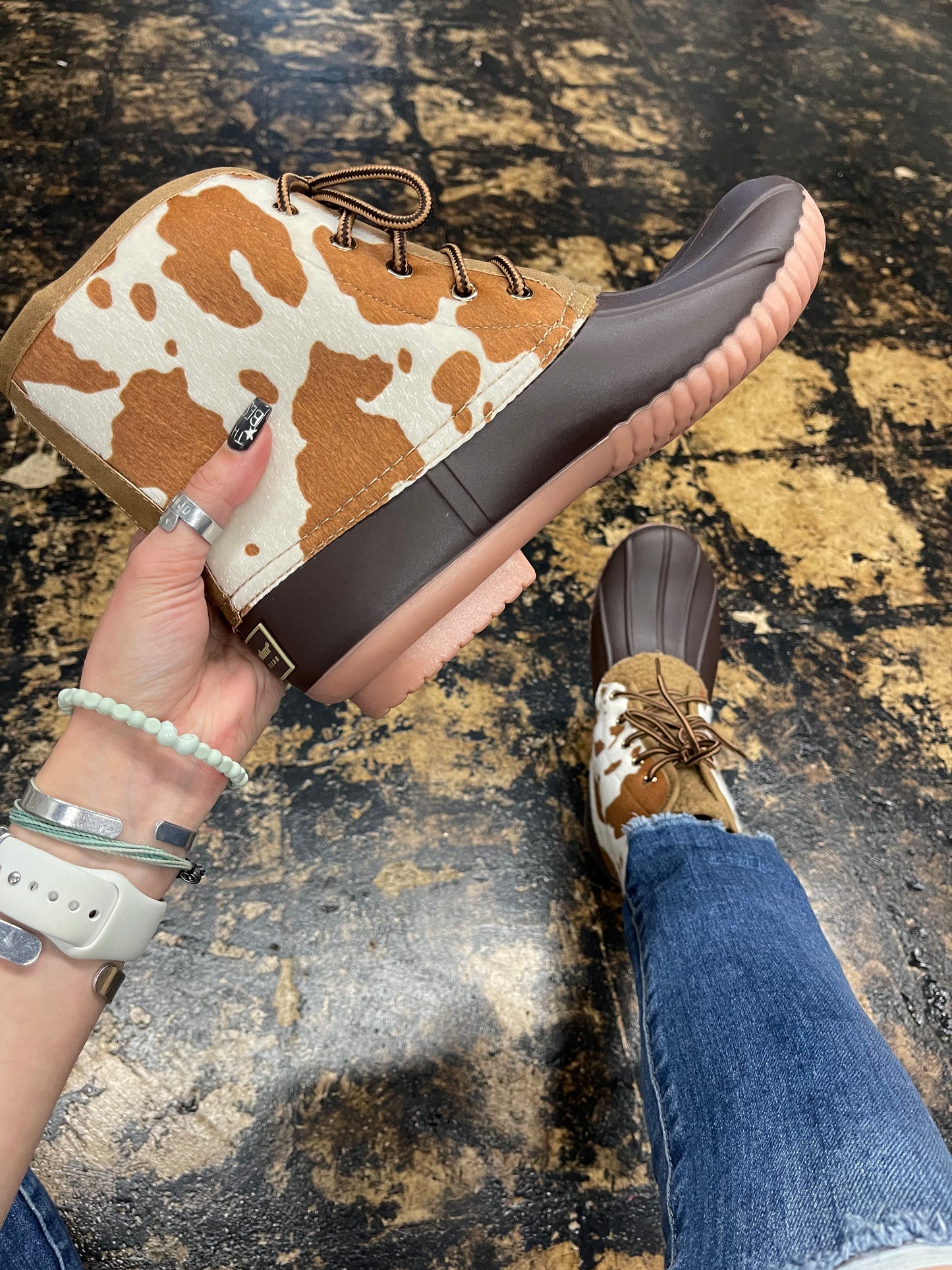 FINAL SALE - Simply Southern - Lace Up Duck Boots - Cow Print