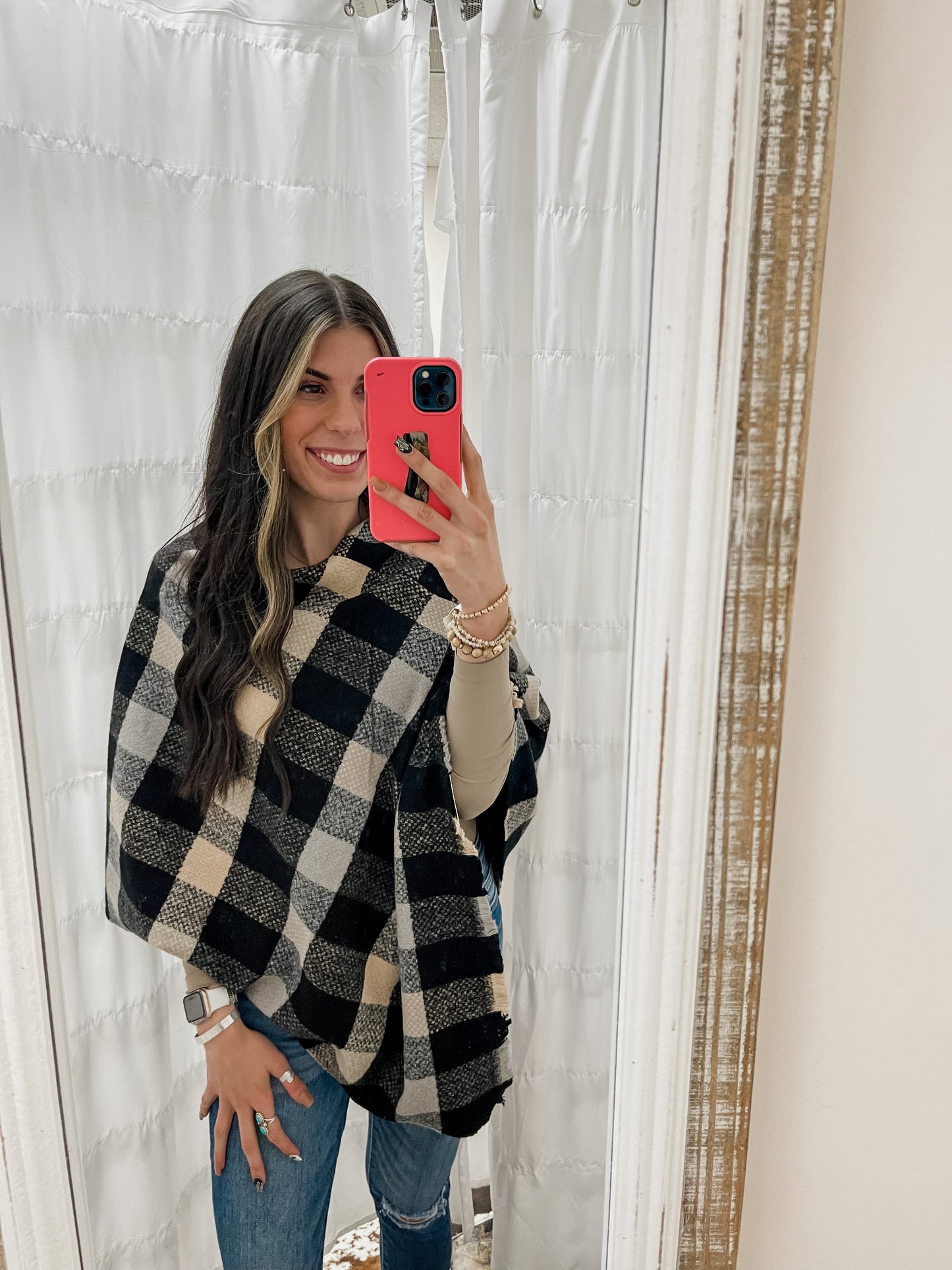 The Presley Ivory/Black Plaid Poncho