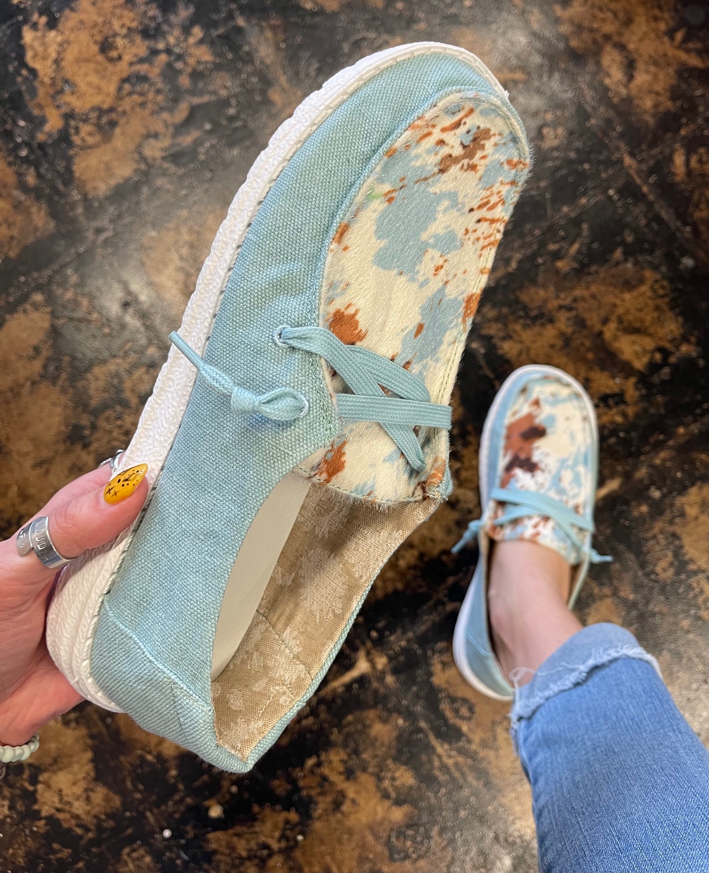 Gypsy Jazz - Tishomingo Turquoise Cow Slip On Canvas Shoe