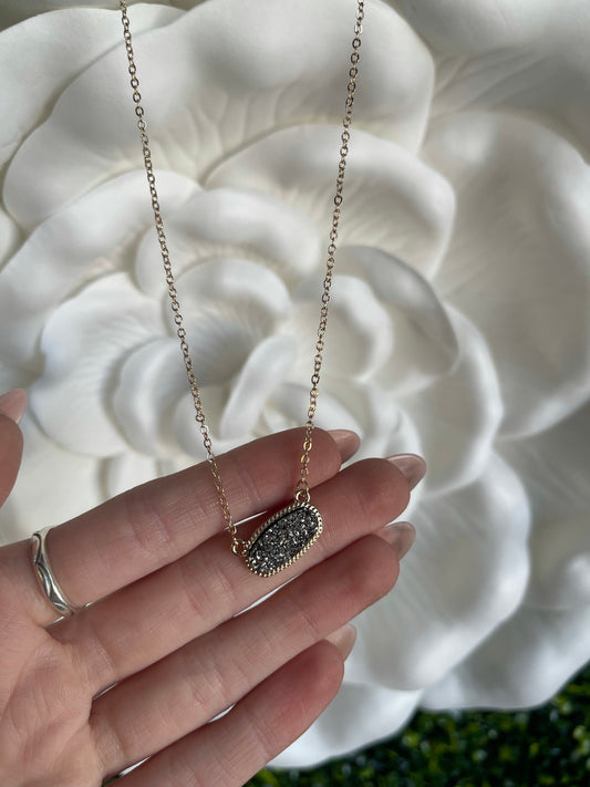 Dainty Oval Druzy Pendant Necklace - Hematite on Gold