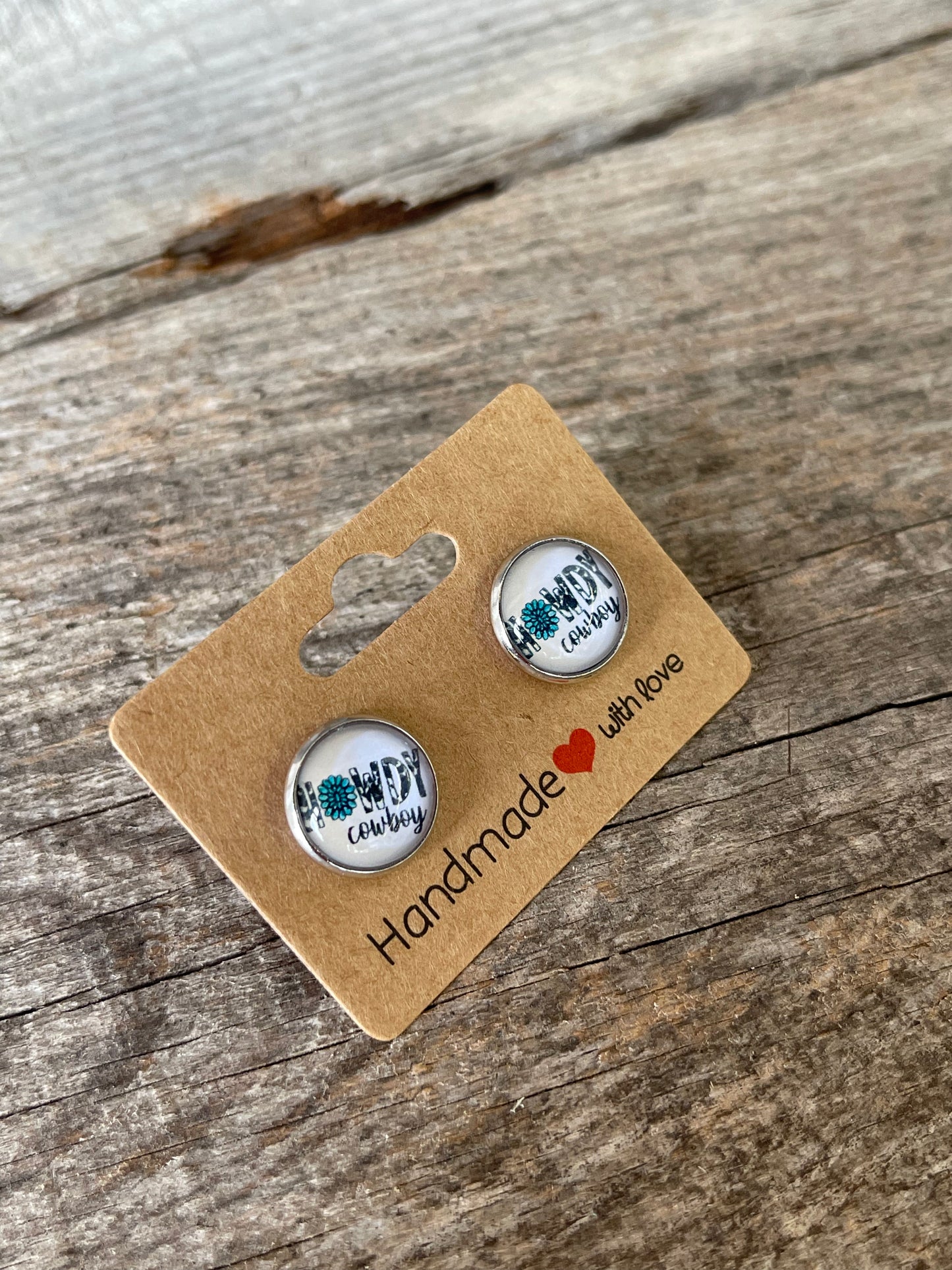 Handmade Howdy Cowboy Glass 12mm Stud Earrings