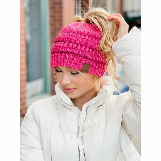 CC Beanie Messy Bun Ombre Speckled Hat - MB817