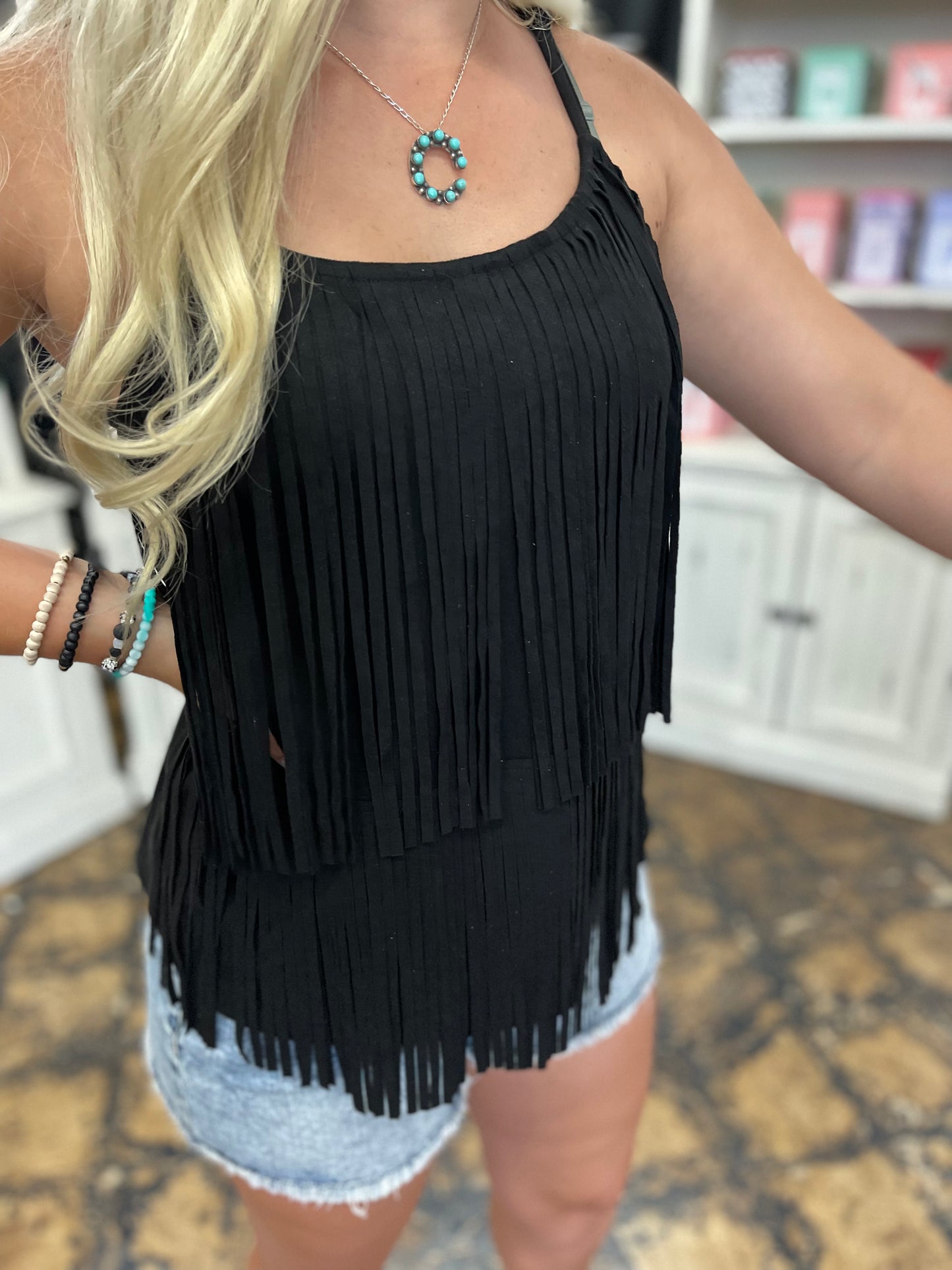 FINAL SALE - Black Suede Fringed Camisole