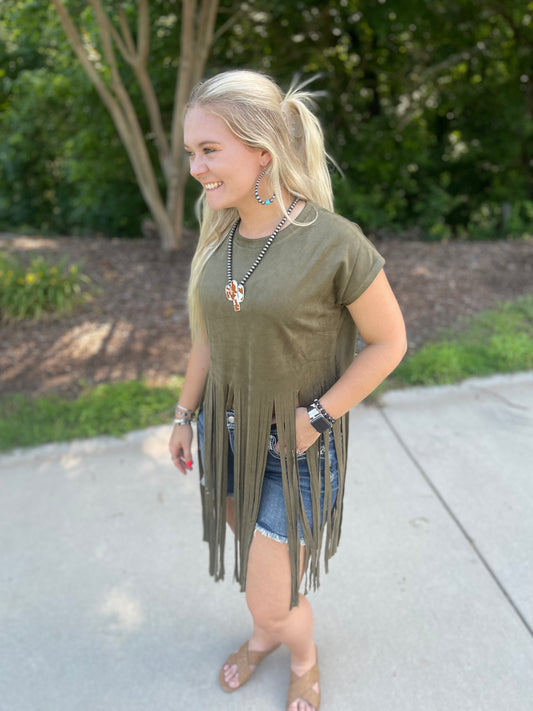 FINAL SALE - Dark Olive Suede SS Long Fringed Top