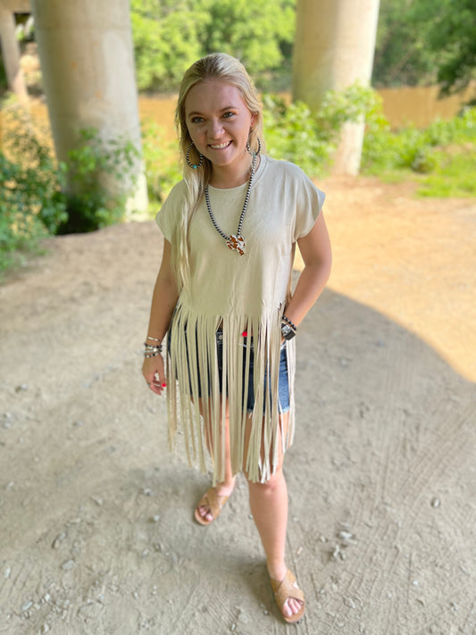 FINAL SALE - Natural Suede SS Long Fringed Top