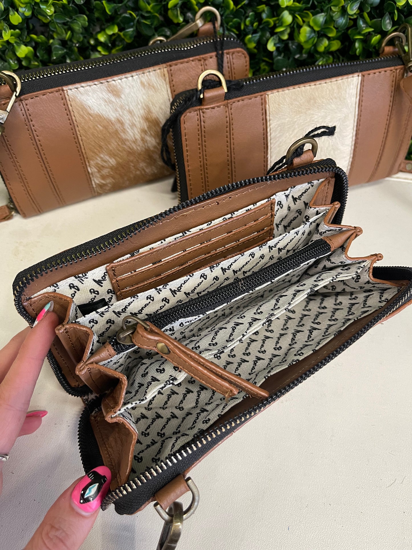 The Milly Genuine Leather & Cowhide Crossbody Wristlet Wallet - Coffee