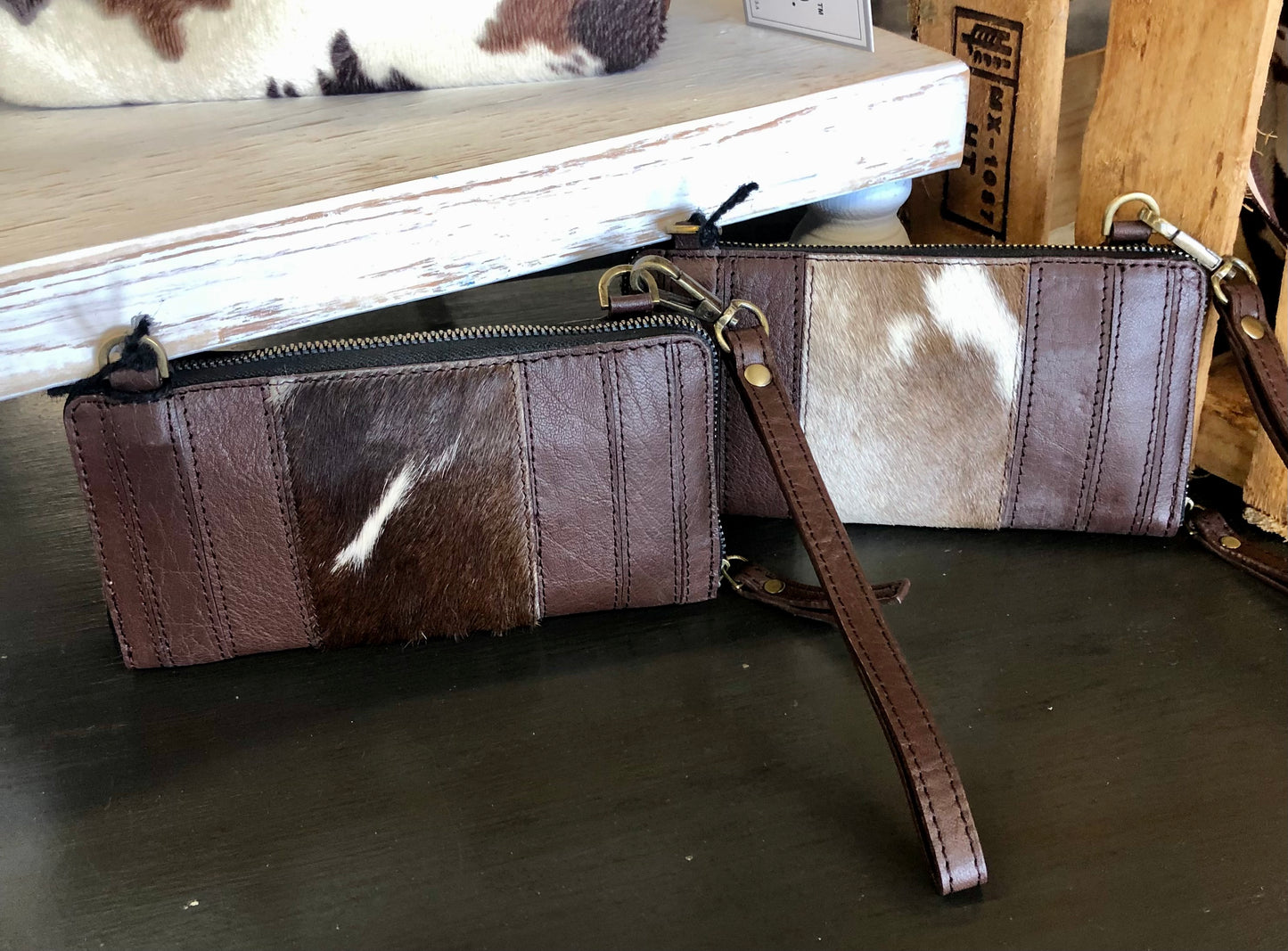 The Milly Genuine Leather & Cowhide Crossbody Wristlet Wallet - Chocolate