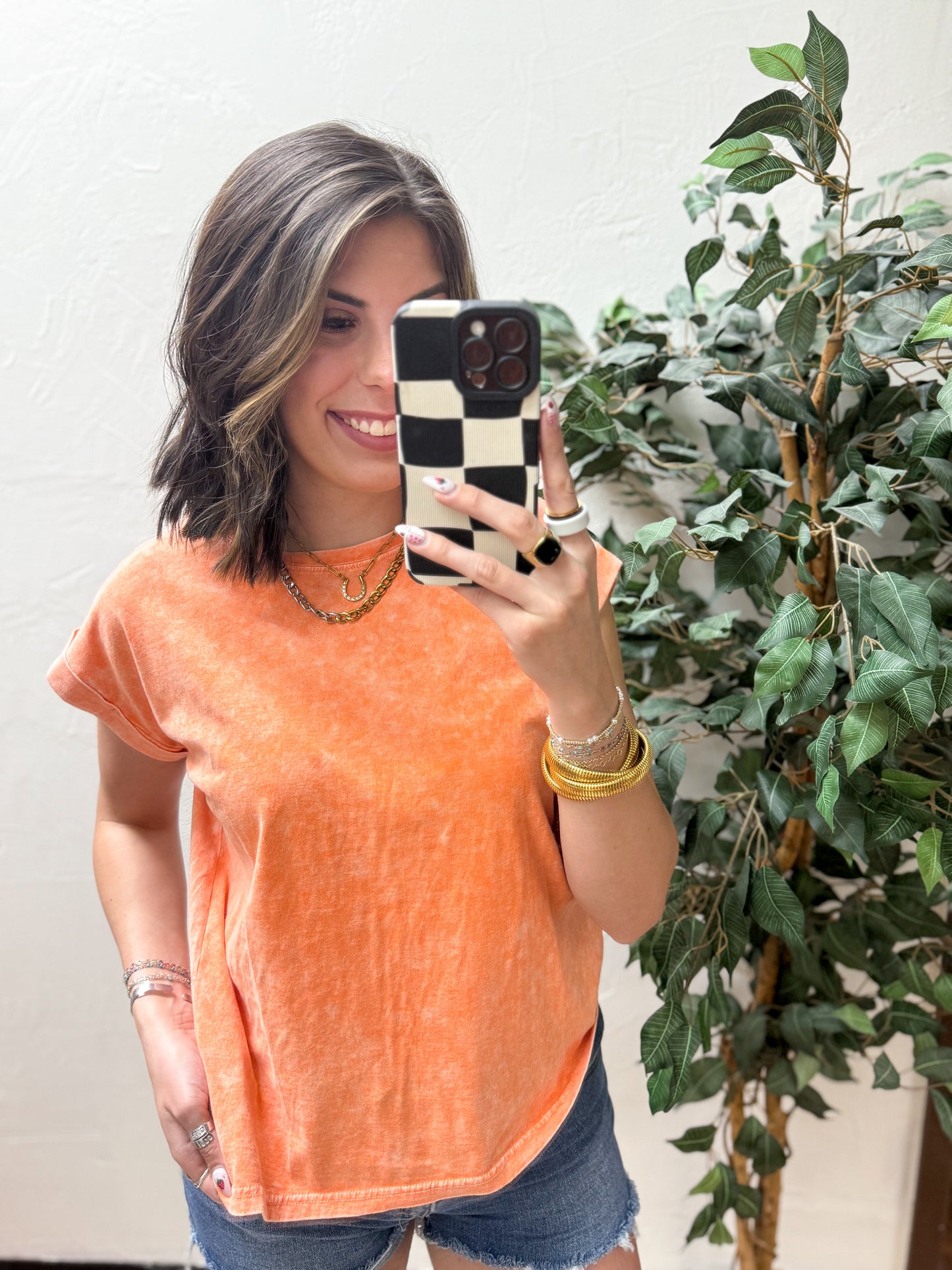 The Lina Halo Acid Wash Cuffed Tee - Orange