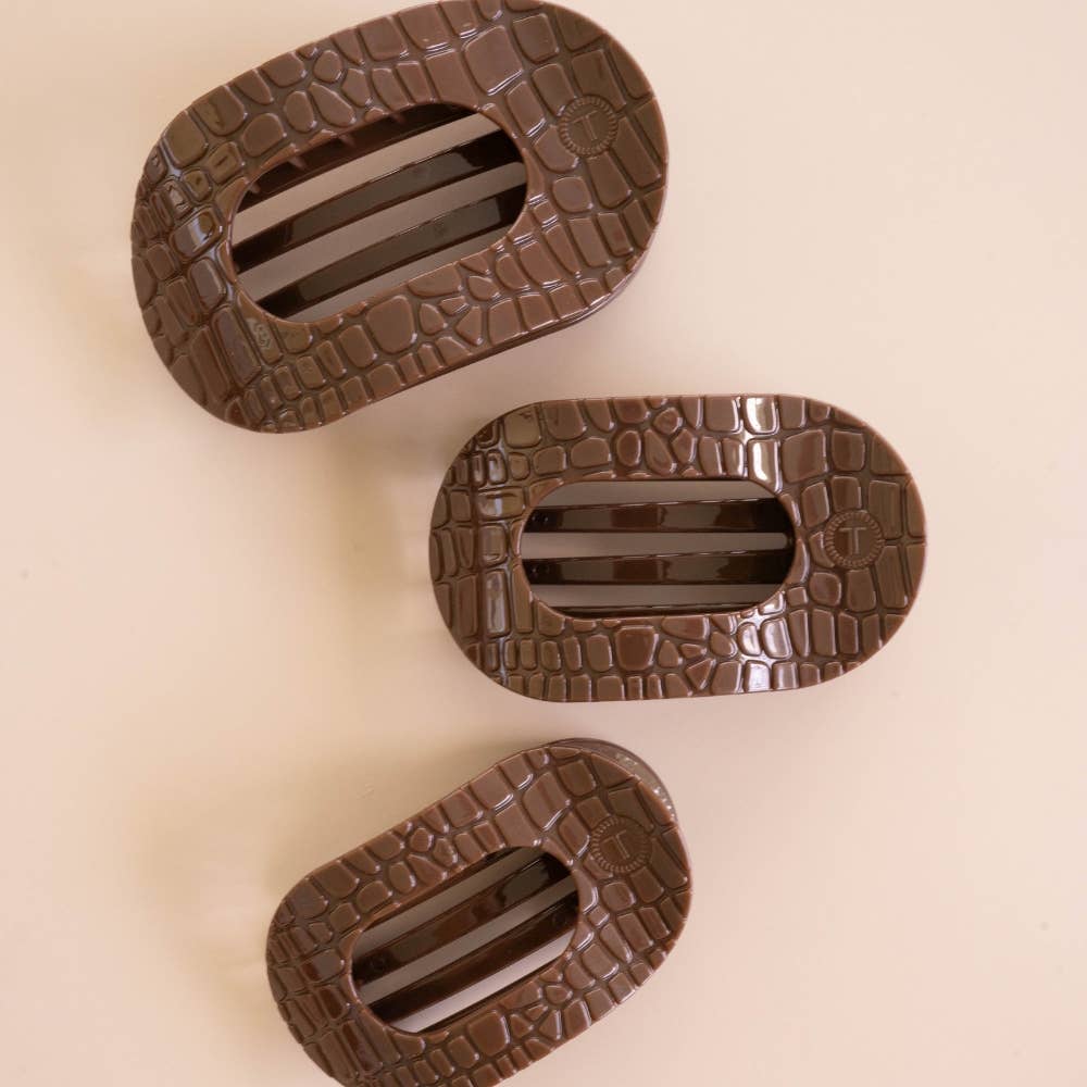 TELETIES - Medium Flat Round Hair Clip - Brown Crocodile