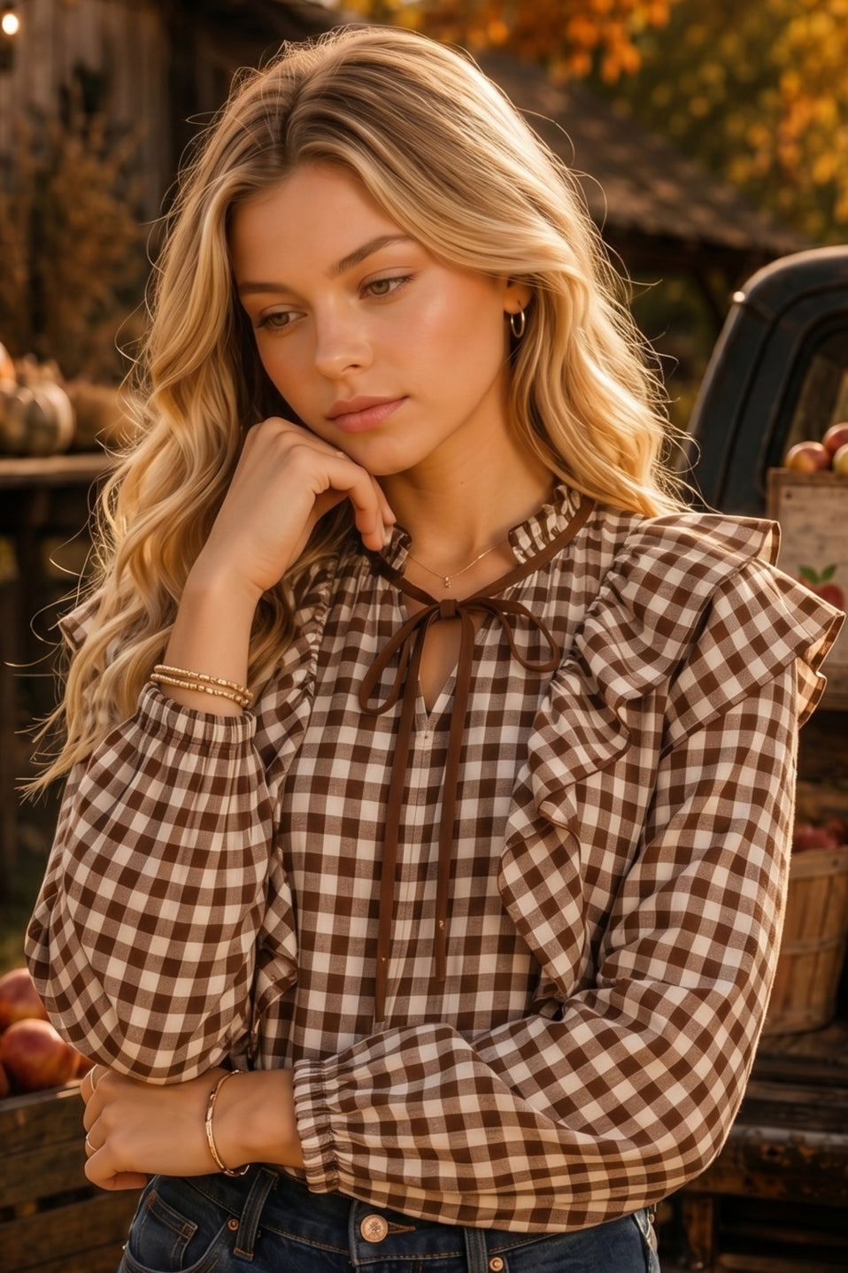 The Lacey Ruffle Collar Gingham Blouse - Chocolate