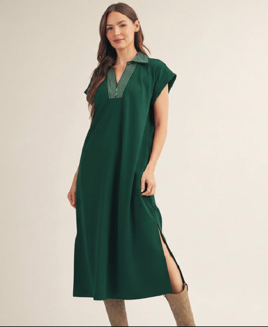 The Ophelia Stitch Detail Side Slit Midi Dress - Hunter Green