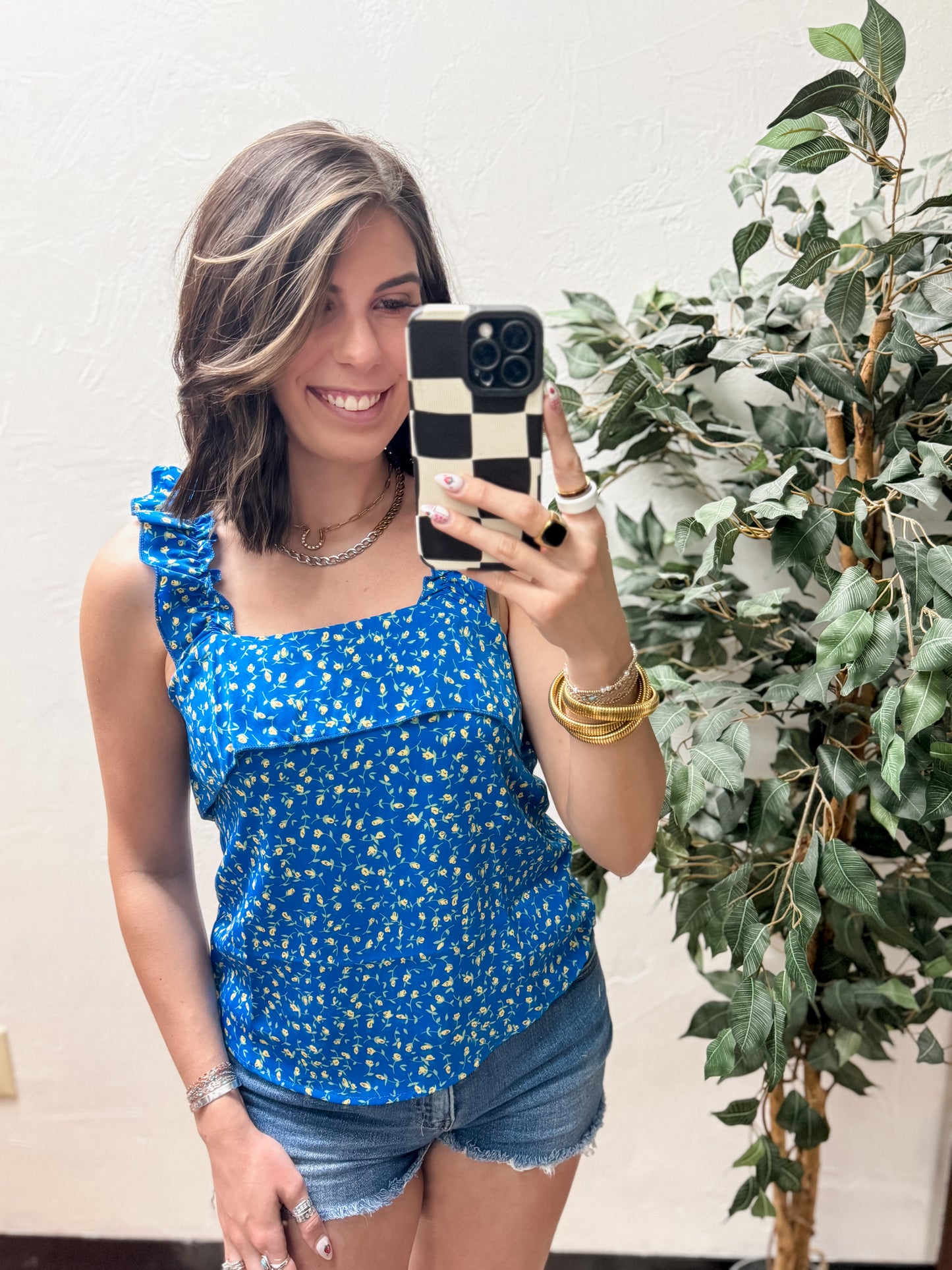 The Rebecca Flounce Tank Top - Blue Floral
