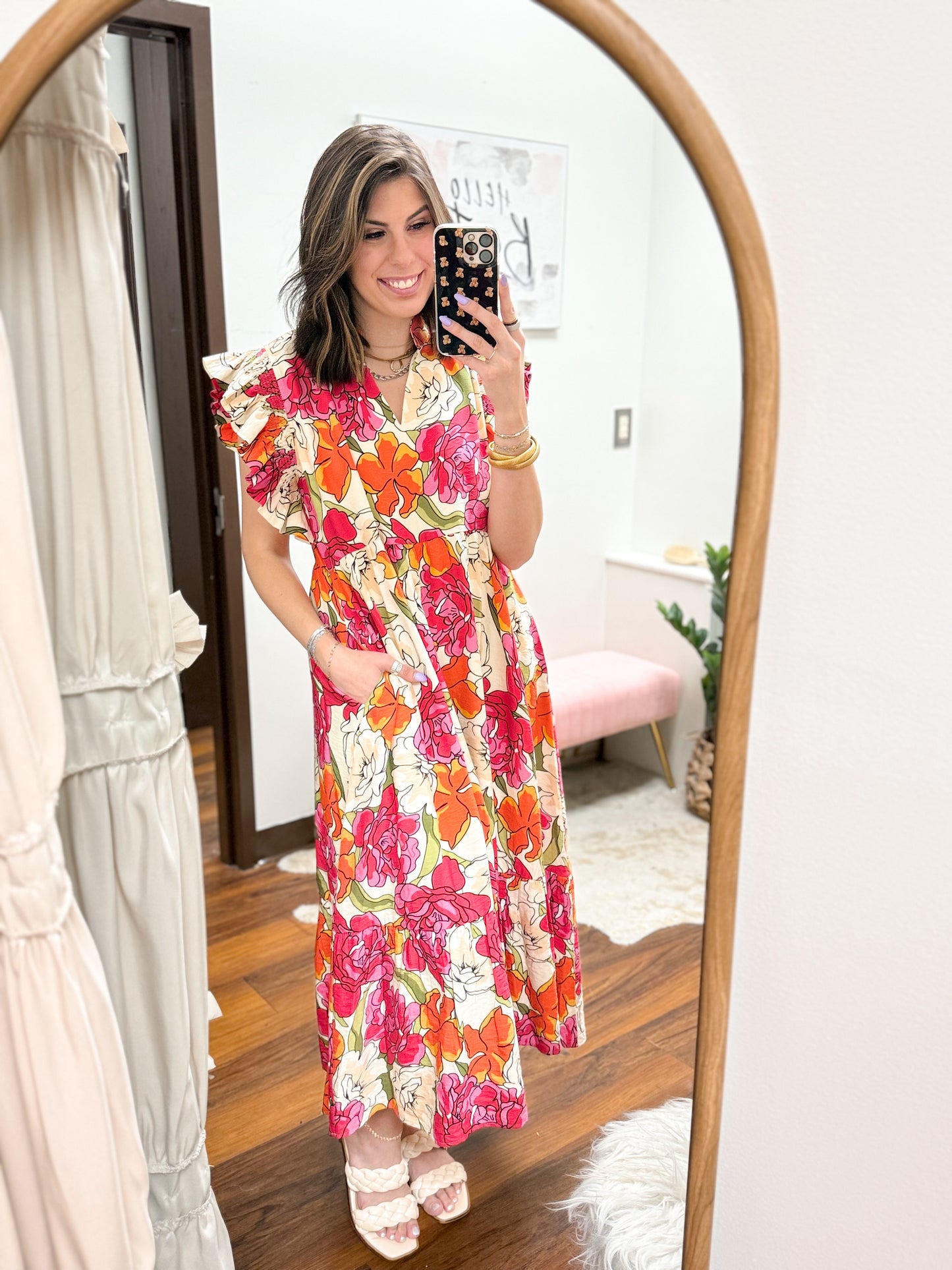 The Keri Ruffle Sleeve Floral Midi Dress - Red