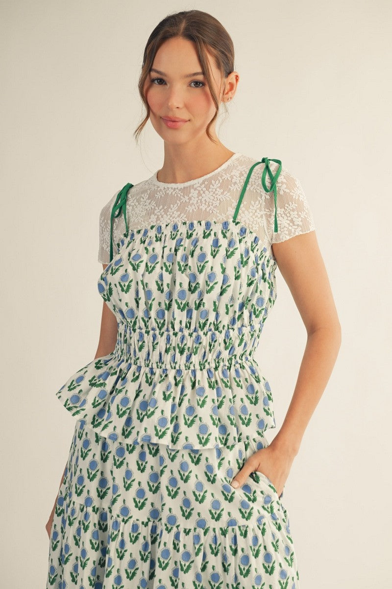 The Paige Peplum Top - Blue Floral