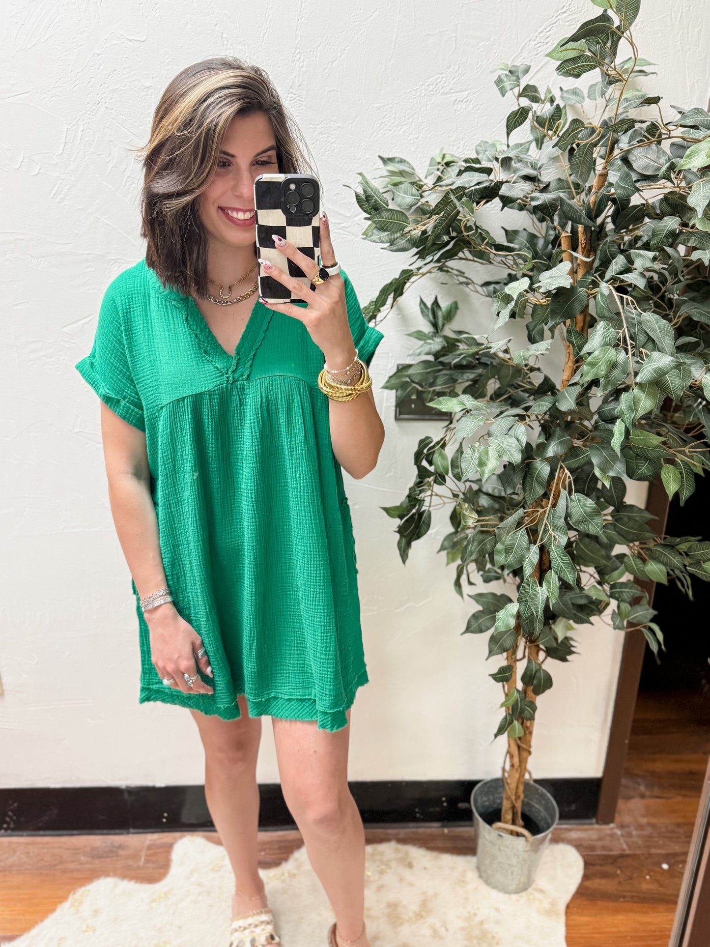 The Kaylin Gauze Raw Edge V-neck Dress - Kelly Green