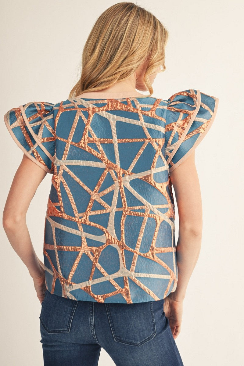 The Giada Abstract Metallic Jacquard Top - Turquoise