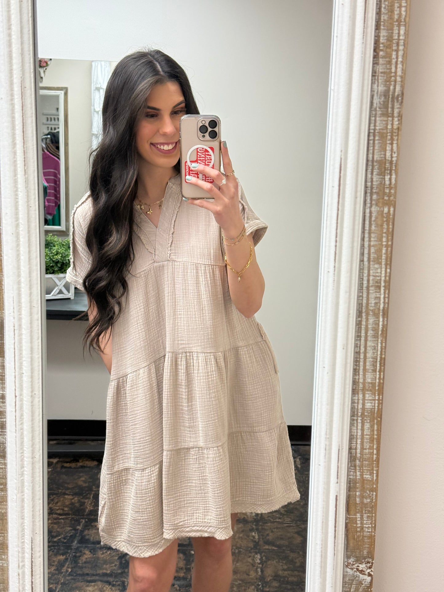 The Dani Gauze V-Neck Dress - Ash Mocha