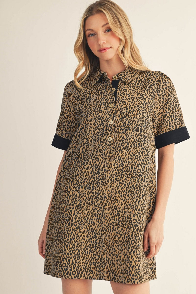 The Malorie Color Contrast Accent Leopard Dress - Taupe