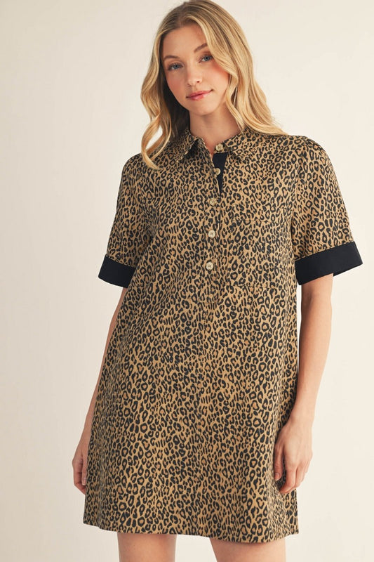 The Malorie Color Contrast Accent Leopard Dress - Taupe