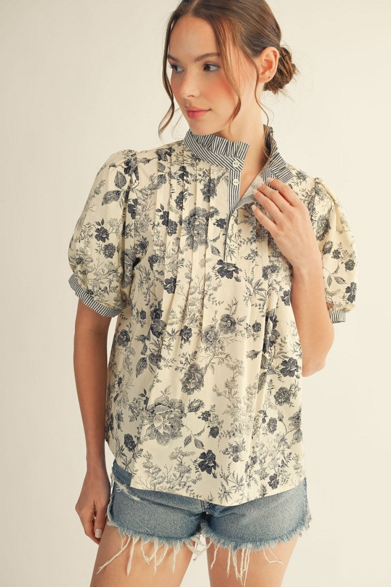 The Jennica Pintuck Detail Button Up Floral Top - Black