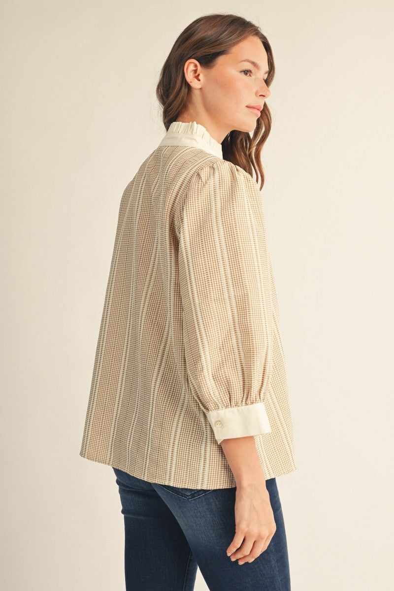 The Brock Ruffled Neckline Gingham Top - Taupe
