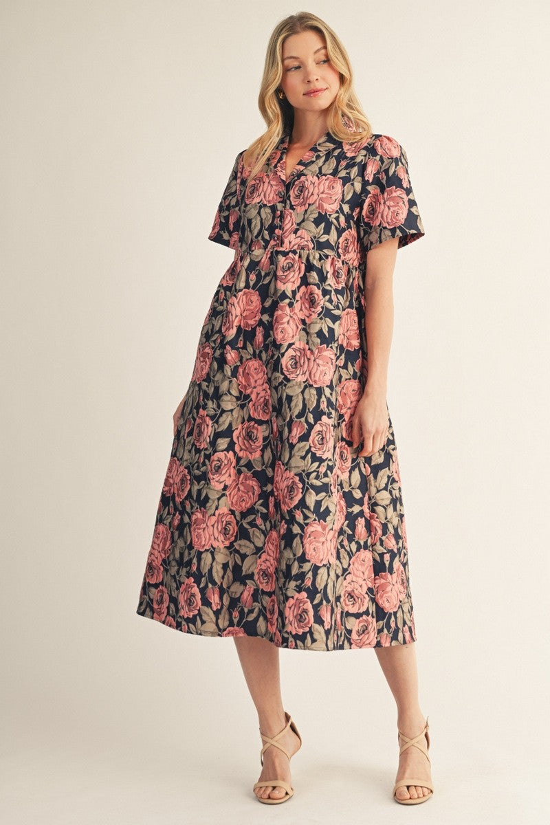 The Penelope Puff Shoulder Floral Jacquard Midi Dress - Navy
