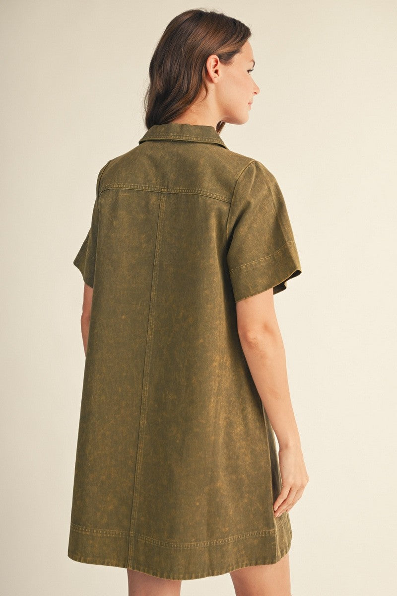 The Blake Washed Casual Shift Dress - Olive