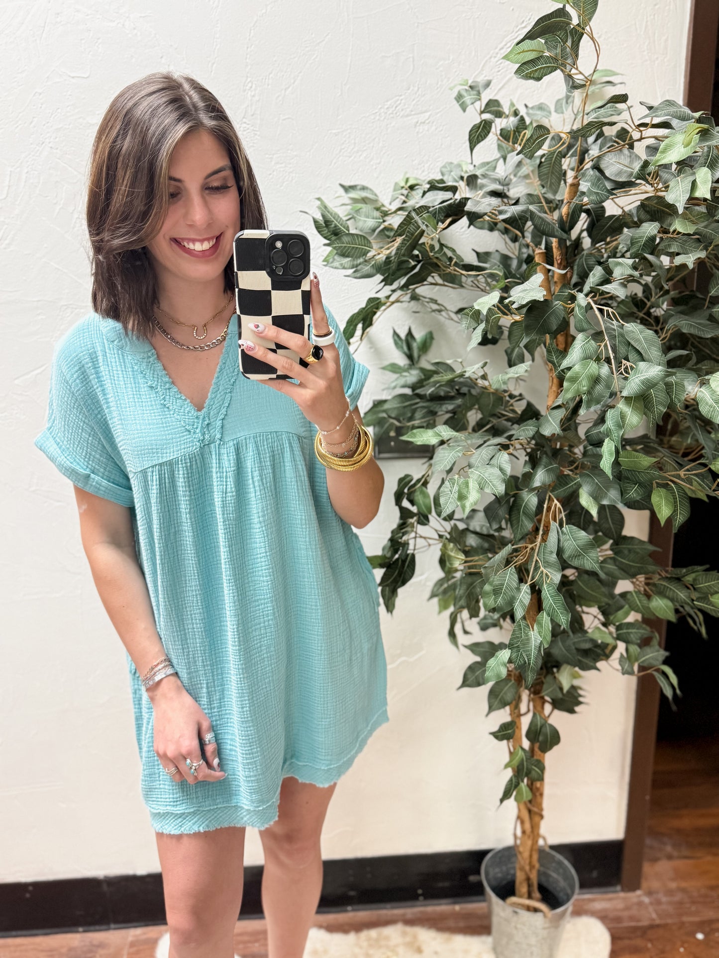 CURVY - The Kaylin Gauze Raw Edge V-neck Dress - Dusty Teal