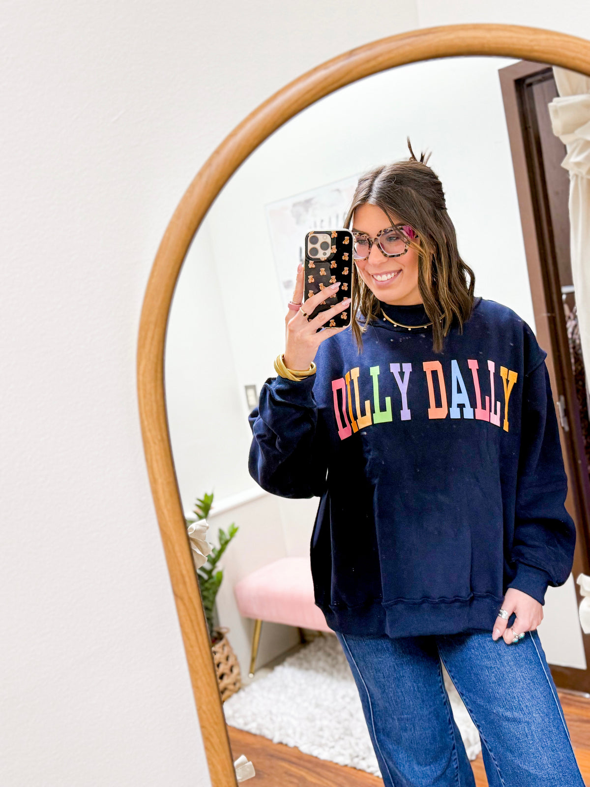 The Dilly Dally Reversible Mock Neck Sweatshirt - Navy/Rainbow