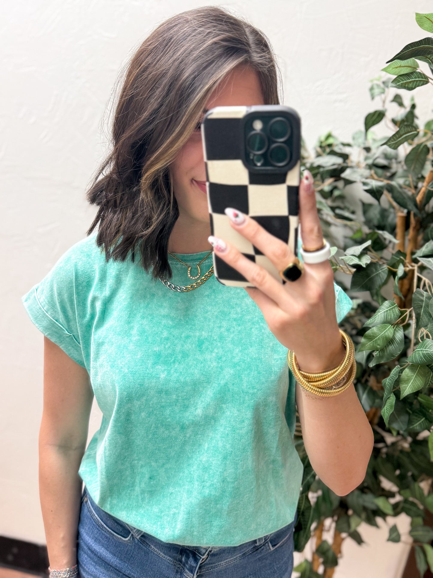 The Lina Halo Acid Wash Cuffed Tee - Kelly Green