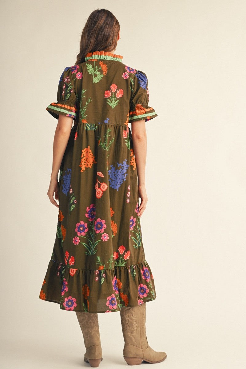 The Georgina Contrast Accent Floral Midi Dress - Brown