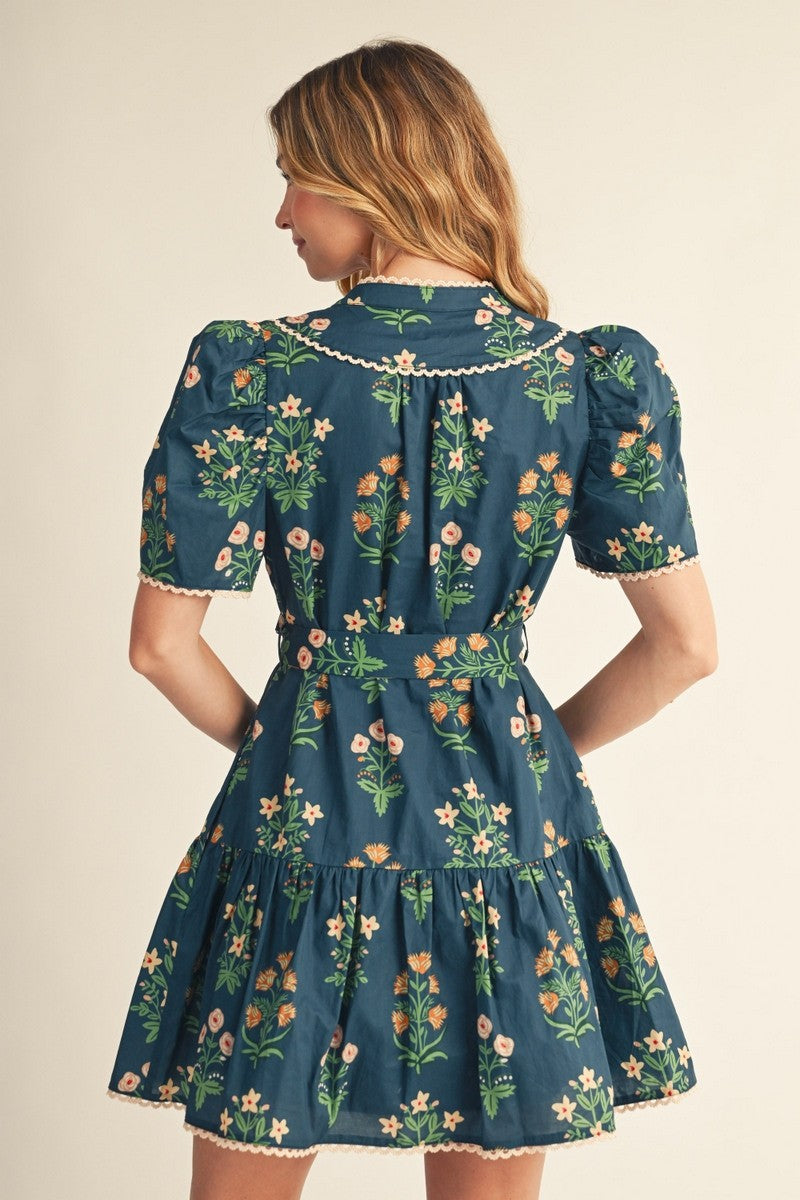 The Faelan Puff Shoulder Floral Dress - Teal