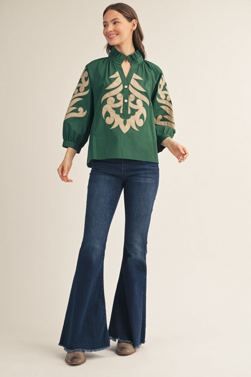 The Montana Baroque Appliqué Detail Top - Hunter Green