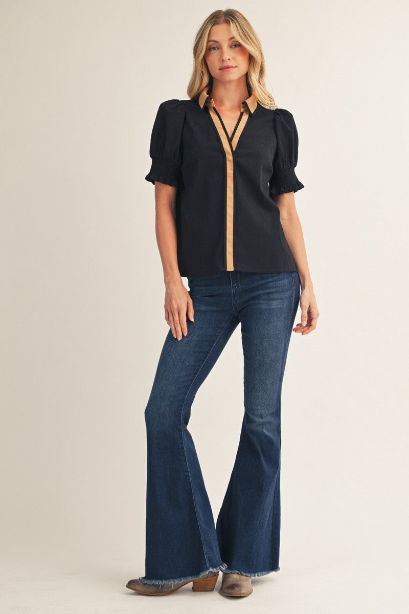 The Preston Contrast Accent Crinkle Top - Black