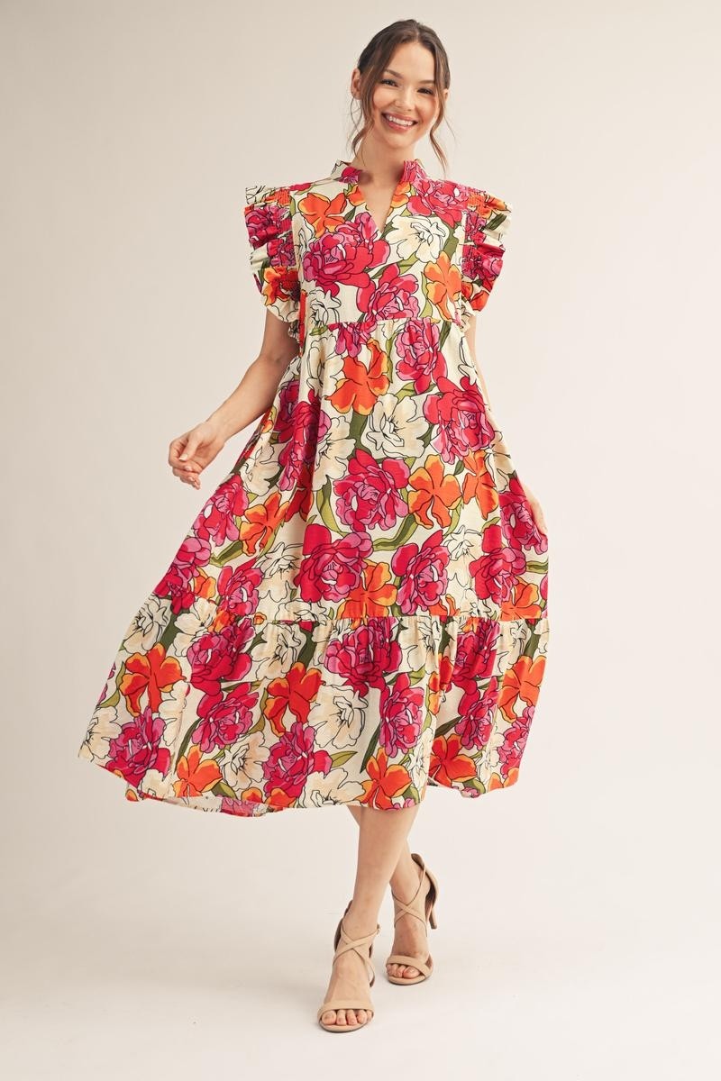 The Keri Ruffle Sleeve Floral Midi Dress - Red