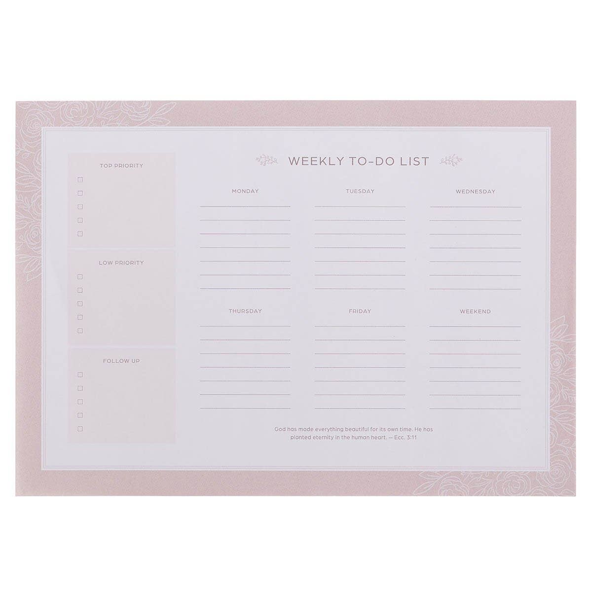 A weekly to-do list planner pad with a light pink border and a white center page featuring sections for tasks, priorities, and daily planning.