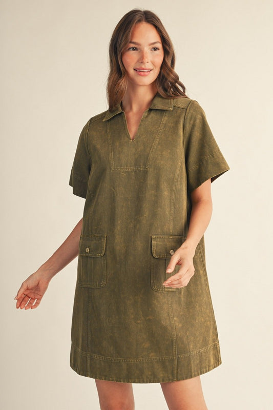The Blake Washed Casual Shift Dress - Olive