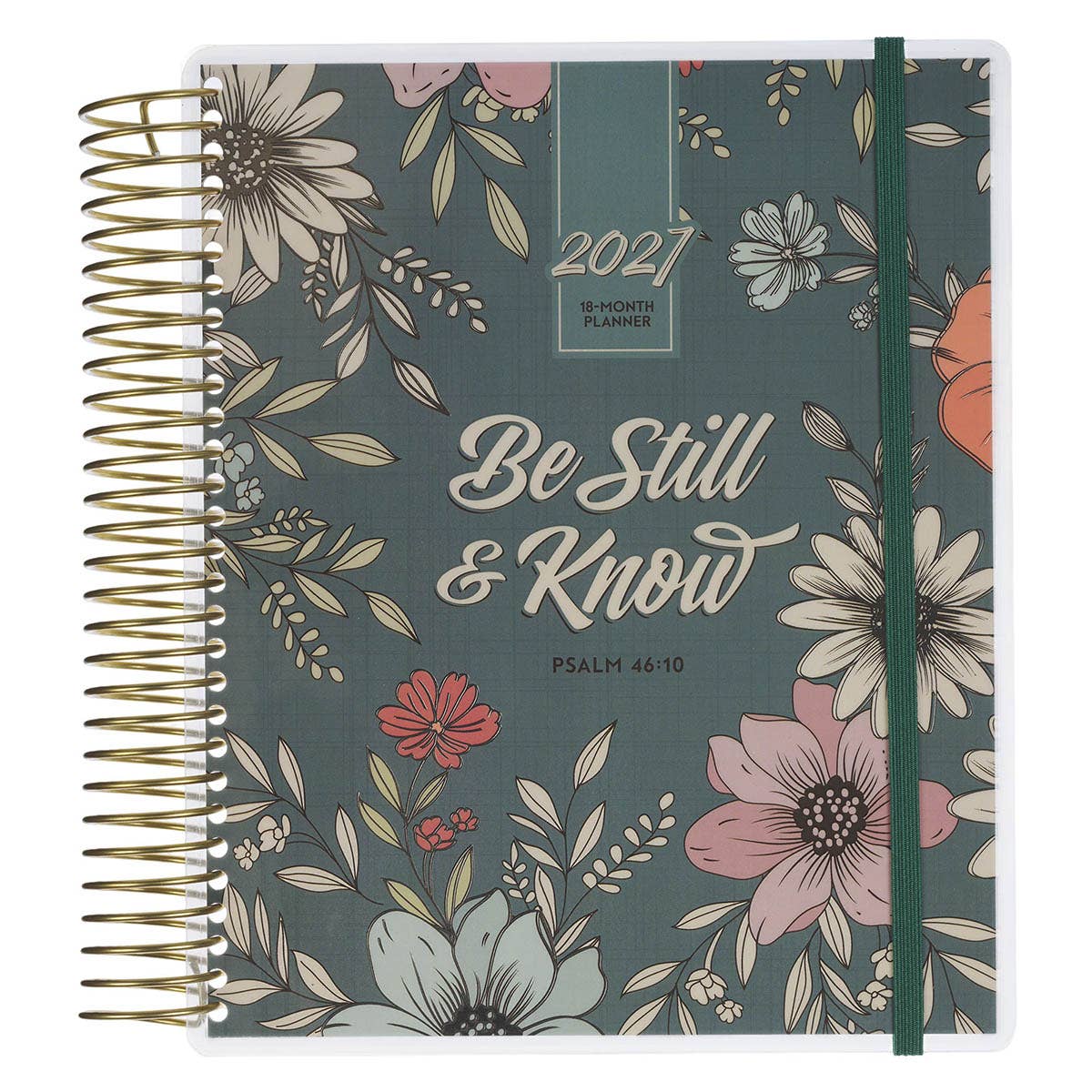 Planner with floral design and 'Be Still & Know' text on a green background
