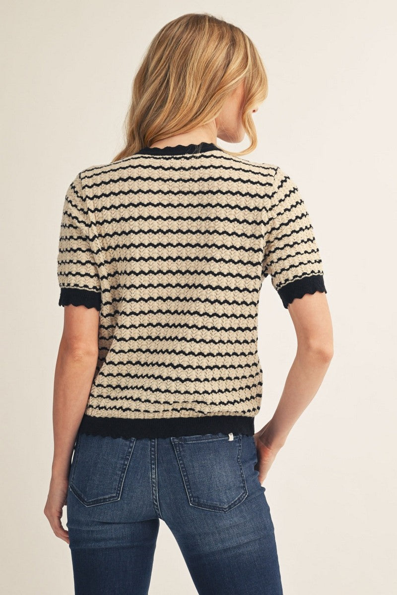 The Henley Striped Lightweight Sweater Top - Black/Taupe